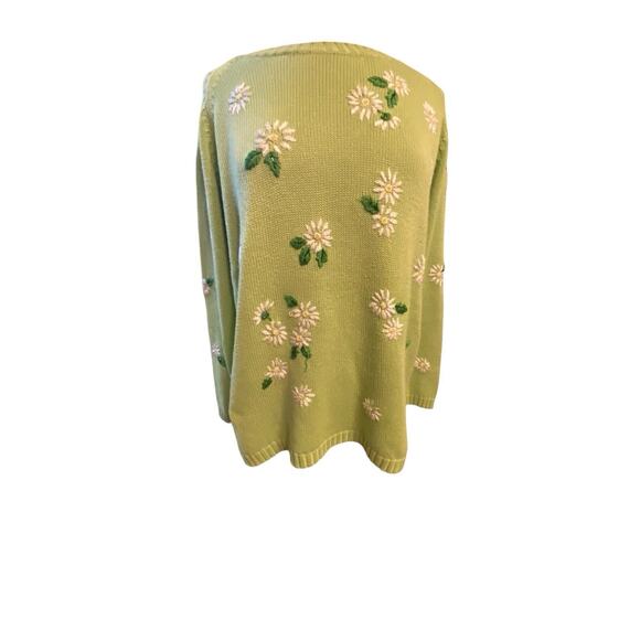 Quacker Factory Lime Green Crewneck Sweater With Daisies Oversized Large - Picture 3 of 15